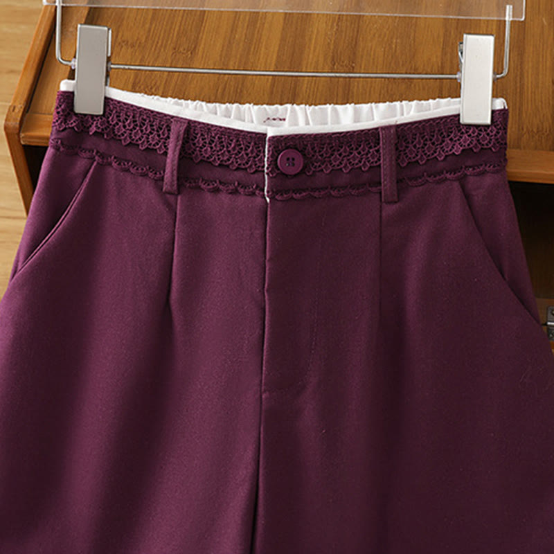Pantalon large décontracté en coton et lin avec poches et ceinture en dentelle ajourée pour femme
