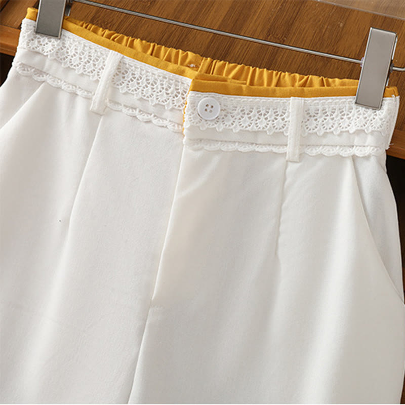 Pantalon large décontracté en coton et lin avec poches et ceinture en dentelle ajourée pour femme