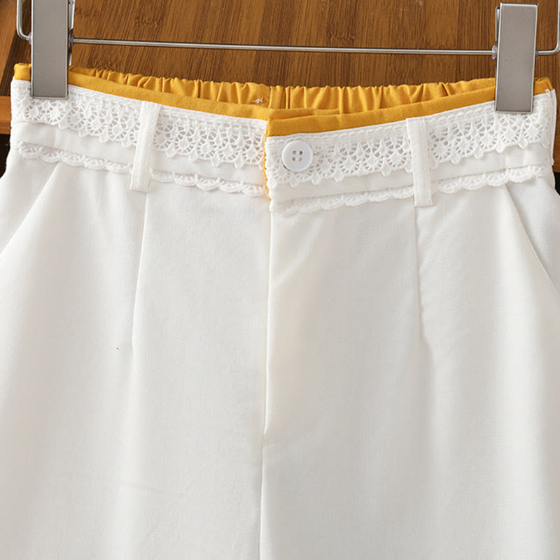 Pantalon large décontracté en coton et lin avec poches et ceinture en dentelle ajourée pour femme