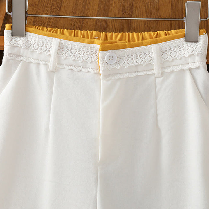 Pantalon large décontracté en coton et lin avec poches et ceinture en dentelle ajourée pour femme