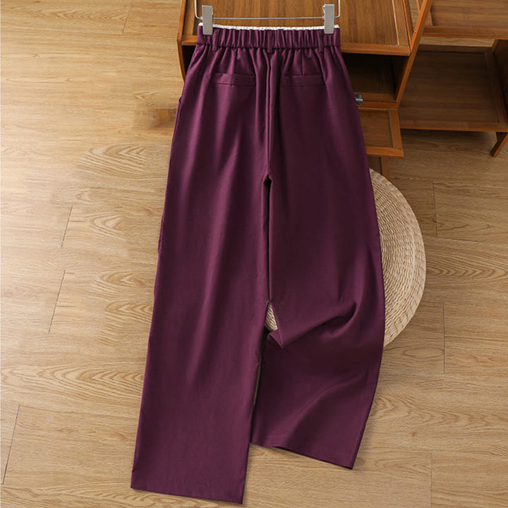 Pantalon large décontracté en coton et lin avec poches et ceinture en dentelle ajourée pour femme
