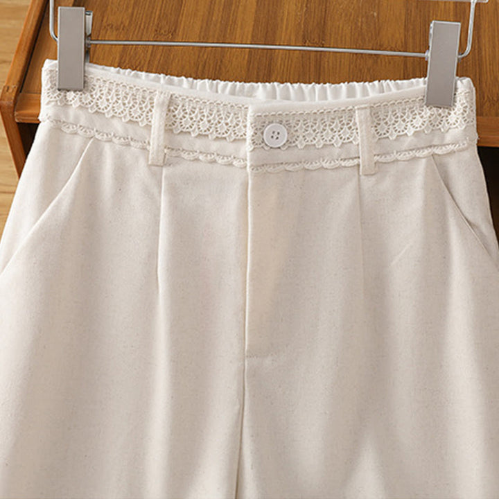 Pantalon large décontracté en coton et lin avec poches et ceinture en dentelle ajourée pour femme