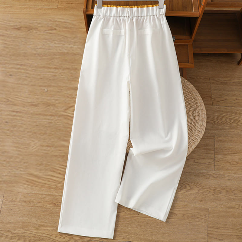 Pantalon large décontracté en coton et lin avec poches et ceinture en dentelle ajourée pour femme