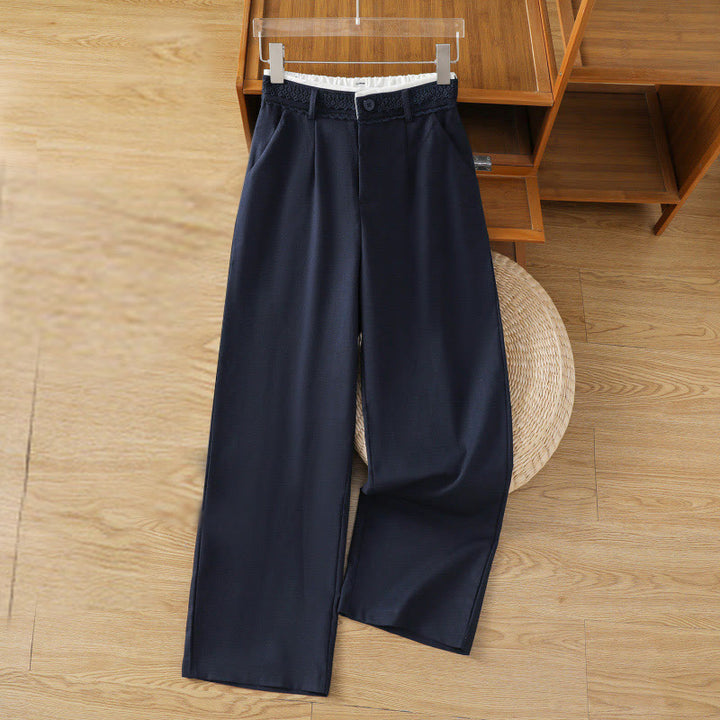 Pantalon large décontracté en coton et lin avec poches et ceinture en dentelle ajourée pour femme
