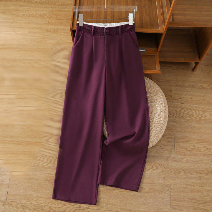 Pantalon large décontracté en coton et lin avec poches et ceinture en dentelle ajourée pour femme