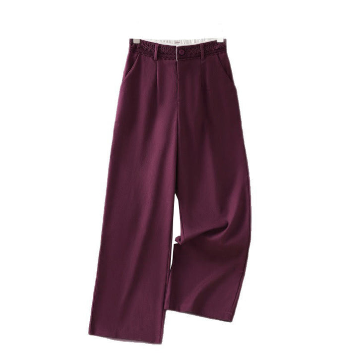 Pantalon large décontracté en coton et lin avec poches et ceinture en dentelle ajourée pour femme