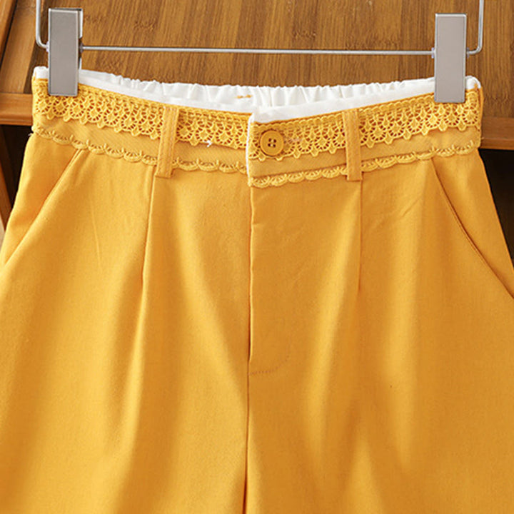 Pantalon large décontracté en coton et lin avec poches et ceinture en dentelle ajourée pour femme