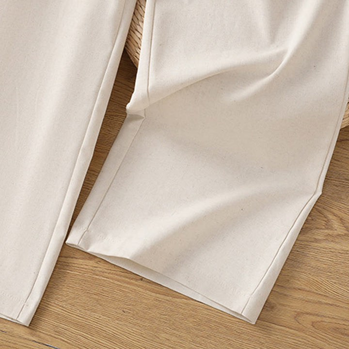 Pantalon large décontracté en coton et lin avec poches et ceinture en dentelle ajourée pour femme