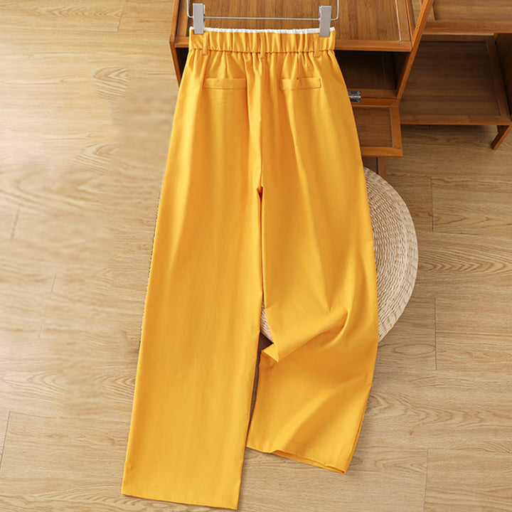 Pantalon large décontracté en coton et lin avec poches et ceinture en dentelle ajourée pour femme