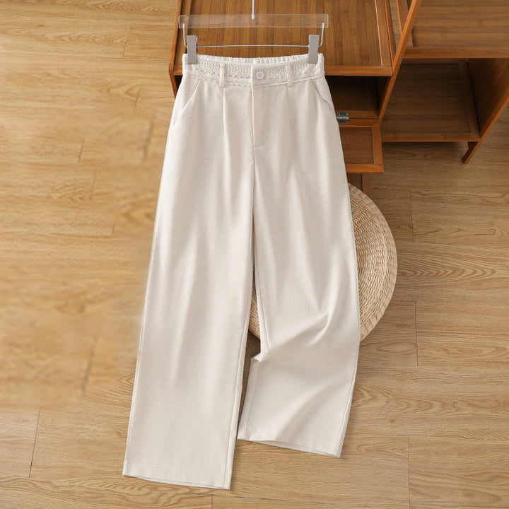 Pantalon large décontracté en coton et lin avec poches et ceinture en dentelle ajourée pour femme