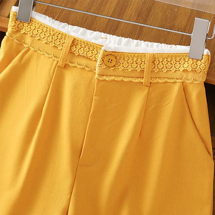 Pantalon large décontracté en coton et lin avec poches et ceinture en dentelle ajourée pour femme