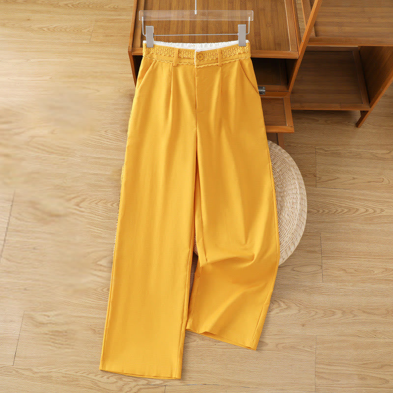 Pantalon large décontracté en coton et lin avec poches et ceinture en dentelle ajourée pour femme