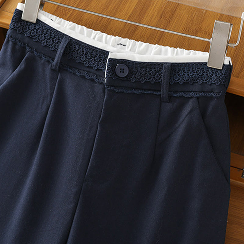 Pantalon large décontracté en coton et lin avec poches et ceinture en dentelle ajourée pour femme