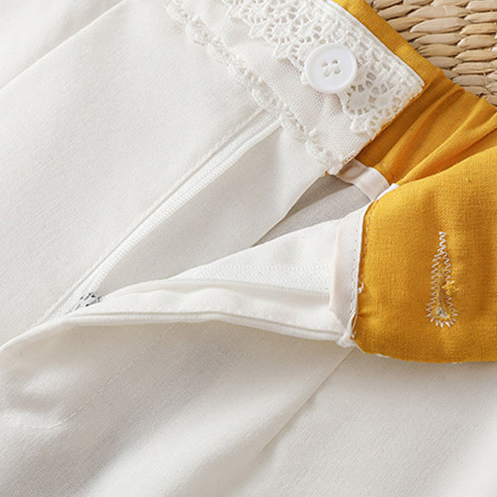 Pantalon large décontracté en coton et lin avec poches et ceinture en dentelle ajourée pour femme