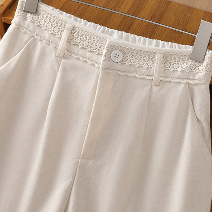 Pantalon large décontracté en coton et lin avec poches et ceinture en dentelle ajourée pour femme