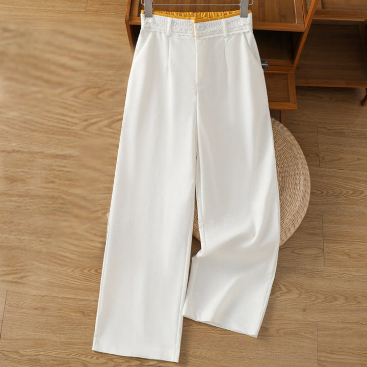 Pantalon large décontracté en coton et lin avec poches et ceinture en dentelle ajourée pour femme
