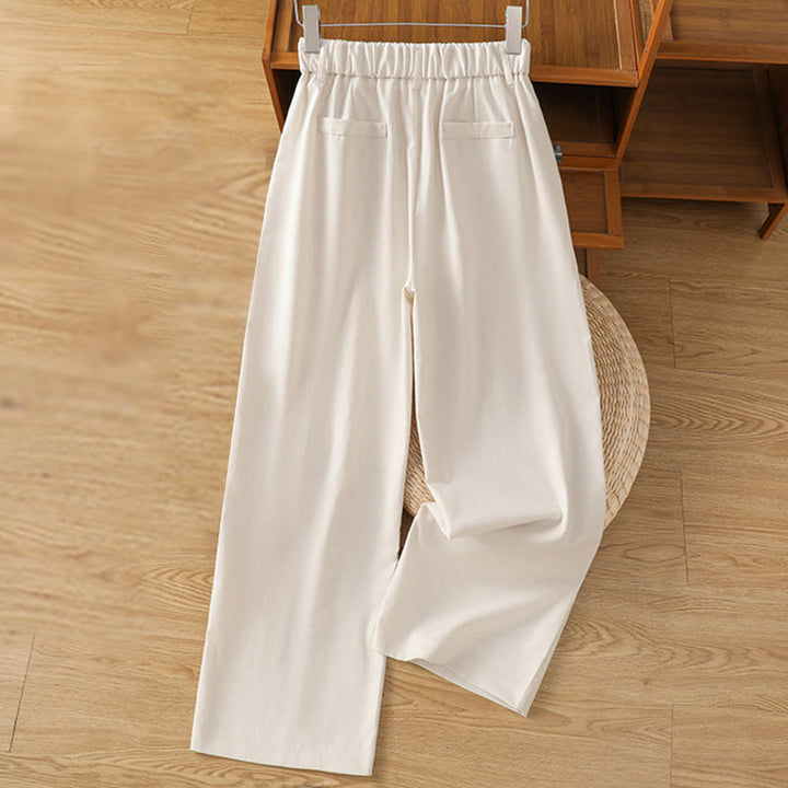 Pantalon large décontracté en coton et lin avec poches et ceinture en dentelle ajourée pour femme
