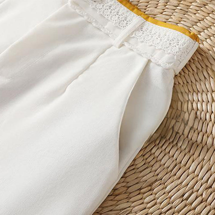 Pantalon large décontracté en coton et lin avec poches et ceinture en dentelle ajourée pour femme