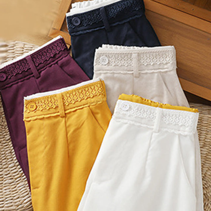 Pantalon large décontracté en coton et lin avec poches et ceinture en dentelle ajourée pour femme