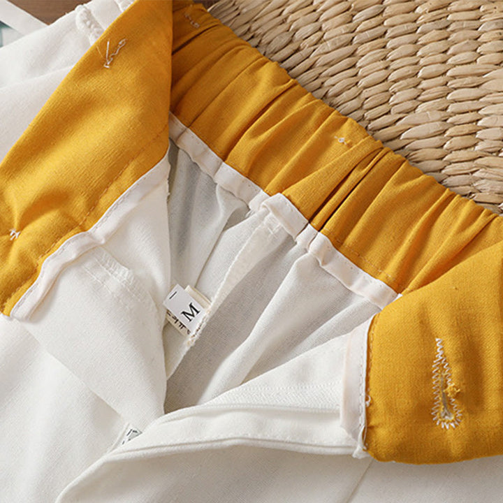 Pantalon large décontracté en coton et lin avec poches et ceinture en dentelle ajourée pour femme