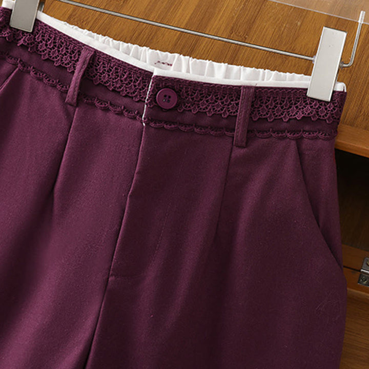 Pantalon large décontracté en coton et lin avec poches et ceinture en dentelle ajourée pour femme