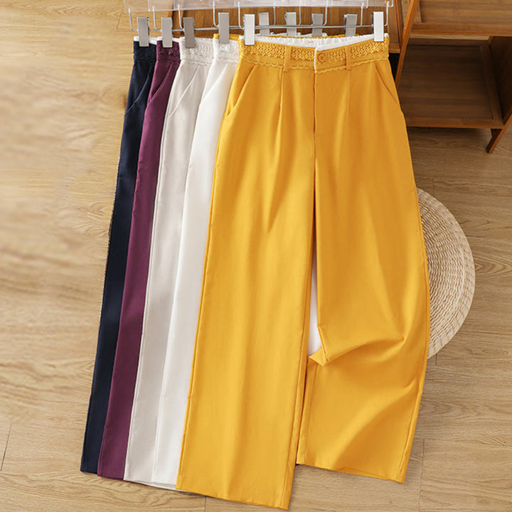 Pantalon large décontracté en coton et lin avec poches et ceinture en dentelle ajourée pour femme