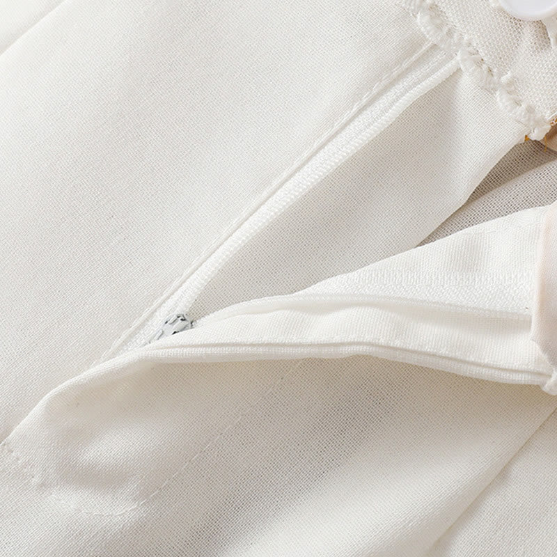 Pantalon large décontracté en coton et lin avec poches et ceinture en dentelle ajourée pour femme