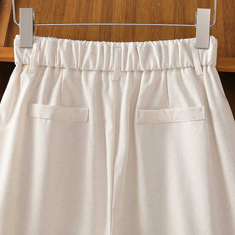 Pantalon large décontracté en coton et lin avec poches et ceinture en dentelle ajourée pour femme