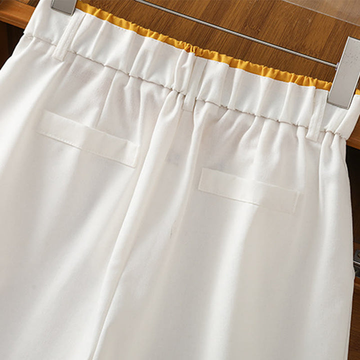 Pantalon large décontracté en coton et lin avec poches et ceinture en dentelle ajourée pour femme