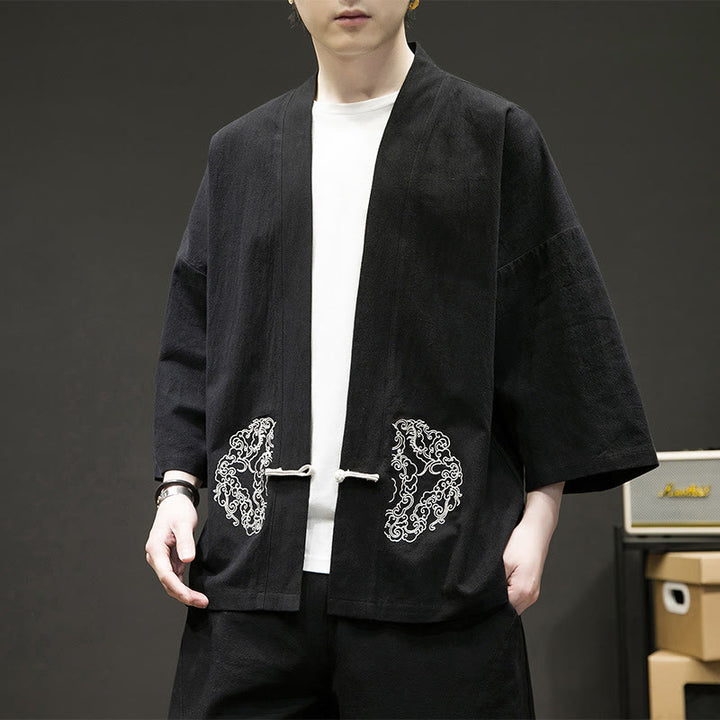 Veste kimono en coton et lin pour homme, motif grenouille chinoise, ouvert sur le devant, motif Buddha Stones