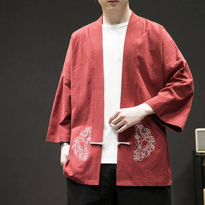 Veste kimono en coton et lin pour homme, motif grenouille chinoise, ouvert sur le devant, motif Buddha Stones