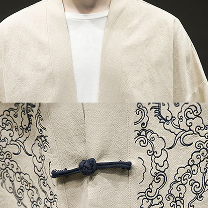 Veste kimono en coton et lin pour homme, motif grenouille chinoise, ouvert sur le devant, motif Buddha Stones