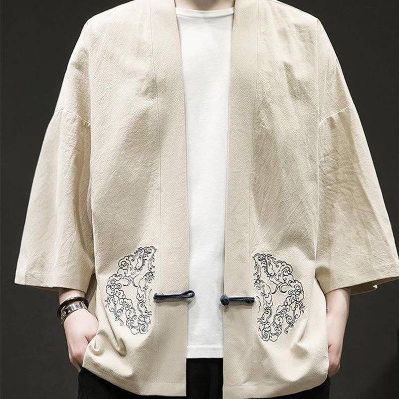 Veste kimono en coton et lin pour homme, motif grenouille chinoise, ouvert sur le devant, motif Buddha Stones