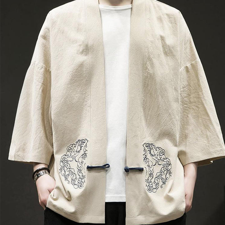 Veste kimono en coton et lin pour homme, motif grenouille chinoise, ouvert sur le devant, motif Buddha Stones