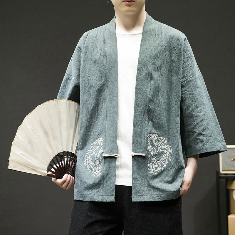 Veste kimono en coton et lin pour homme, motif grenouille chinoise, ouvert sur le devant, motif Buddha Stones