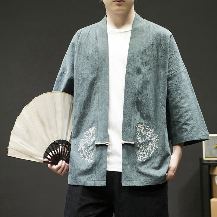 Veste kimono en coton et lin pour homme, motif grenouille chinoise, ouvert sur le devant, motif Buddha Stones