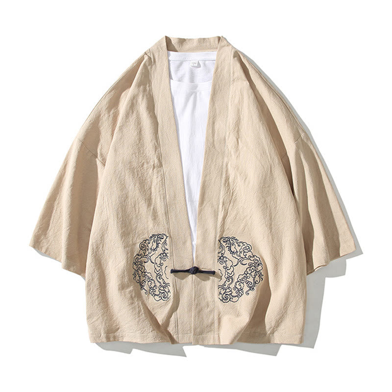 Veste kimono en coton et lin pour homme, motif grenouille chinoise, ouvert sur le devant, motif Buddha Stones
