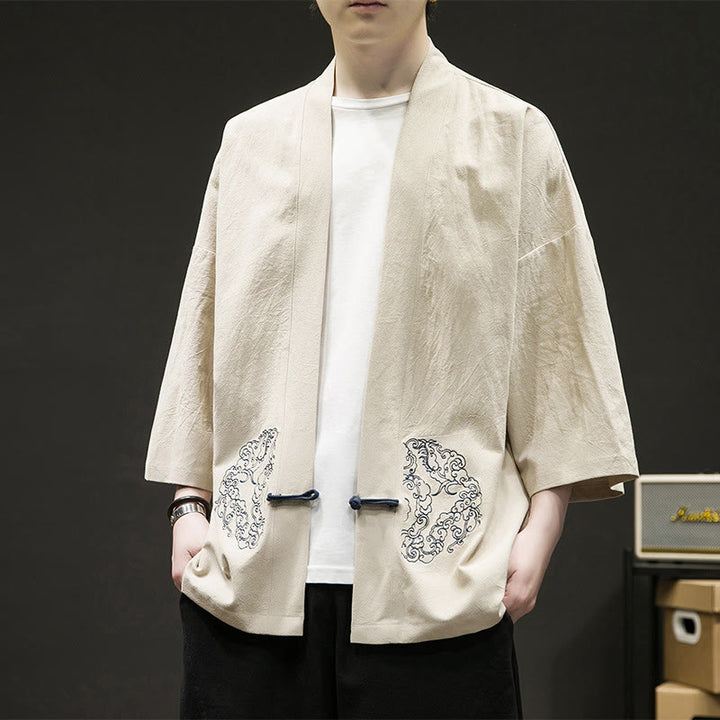 Veste kimono en coton et lin pour homme, motif grenouille chinoise, ouvert sur le devant, motif Buddha Stones