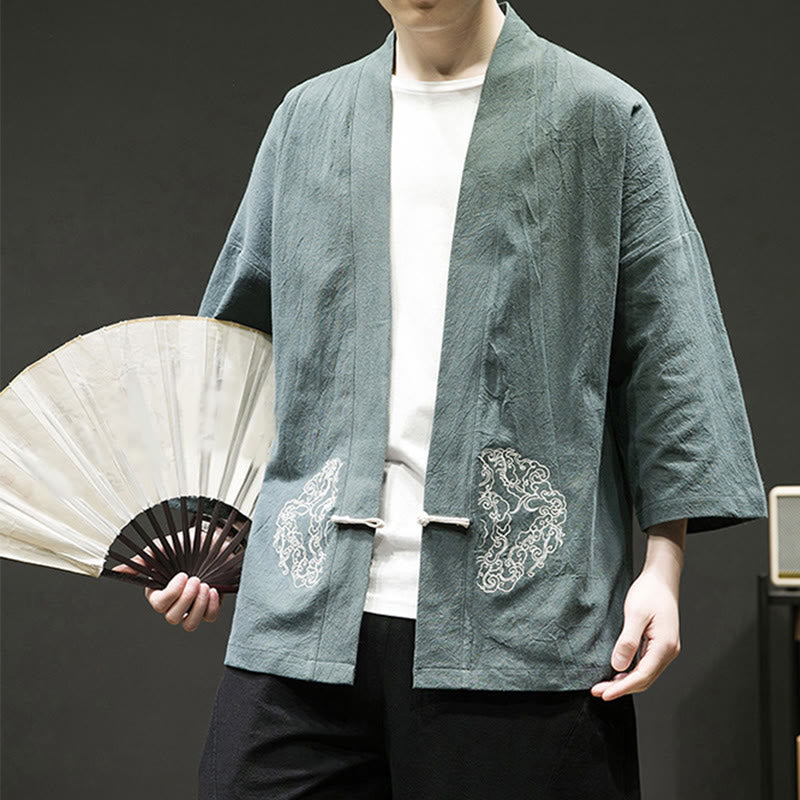 Veste kimono en coton et lin pour homme, motif grenouille chinoise, ouvert sur le devant, motif Buddha Stones