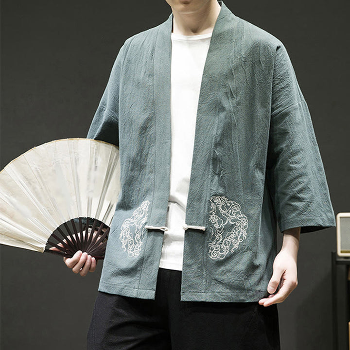 Veste kimono en coton et lin pour homme, motif grenouille chinoise, ouvert sur le devant, motif Buddha Stones