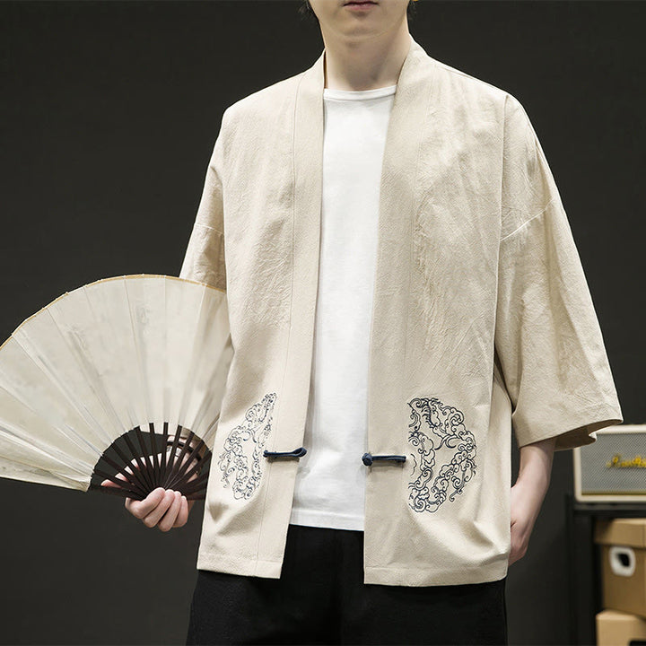 Veste kimono en coton et lin pour homme, motif grenouille chinoise, ouvert sur le devant, motif Buddha Stones