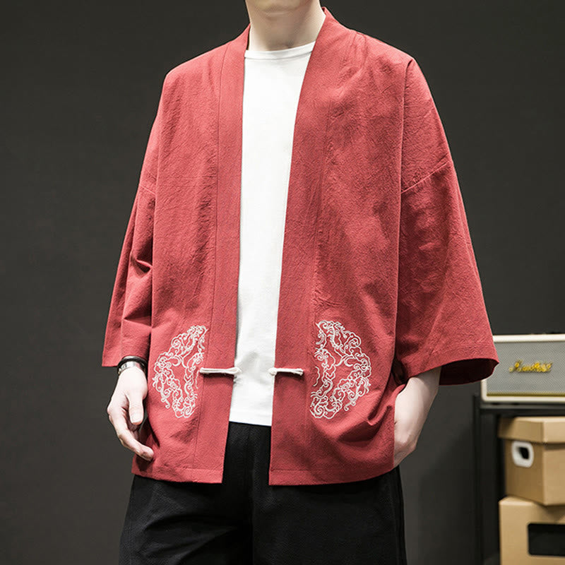 Veste kimono en coton et lin pour homme, motif grenouille chinoise, ouvert sur le devant, motif Buddha Stones