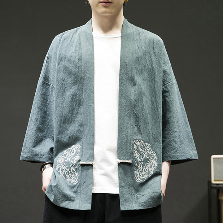 Veste kimono en coton et lin pour homme, motif grenouille chinoise, ouvert sur le devant, motif Buddha Stones