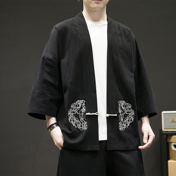 Veste kimono en coton et lin pour homme, motif grenouille chinoise, ouvert sur le devant, motif Buddha Stones