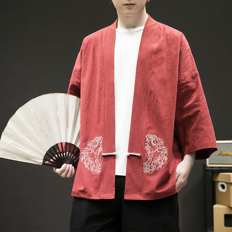 Veste kimono en coton et lin pour homme, motif grenouille chinoise, ouvert sur le devant, motif Buddha Stones