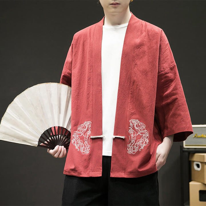 Veste kimono en coton et lin pour homme, motif grenouille chinoise, ouvert sur le devant, motif Buddha Stones