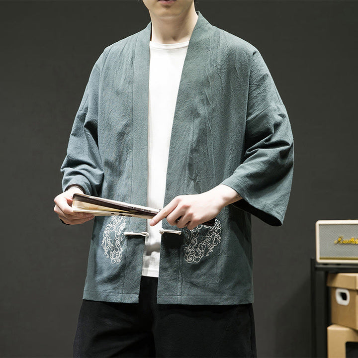 Veste kimono en coton et lin pour homme, motif grenouille chinoise, ouvert sur le devant, motif Buddha Stones