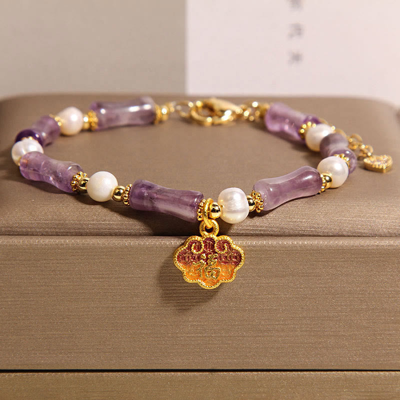 Bracelet d'équilibre en perles d'améthyste et Buddha Stones en forme de bambou avec cadenas de paix naturel - Améthyste (tour de poignet : 18-22 cm) - image 1