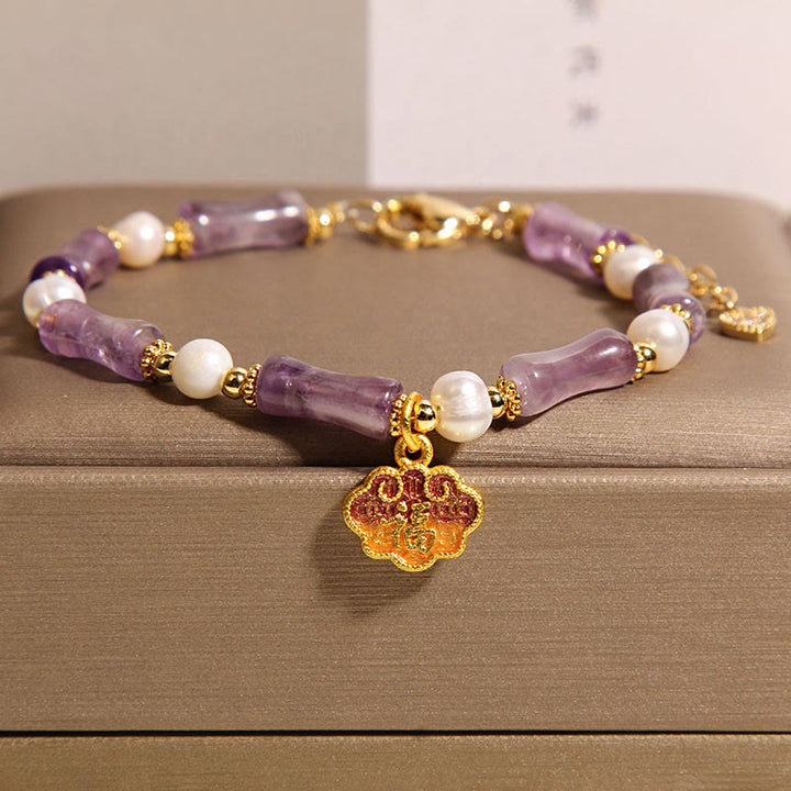 Bracelet d'équilibre en perles d'améthyste et Buddha Stones en forme de bambou avec cadenas de paix naturel - Améthyste (tour de poignet : 18-22 cm) - image 1