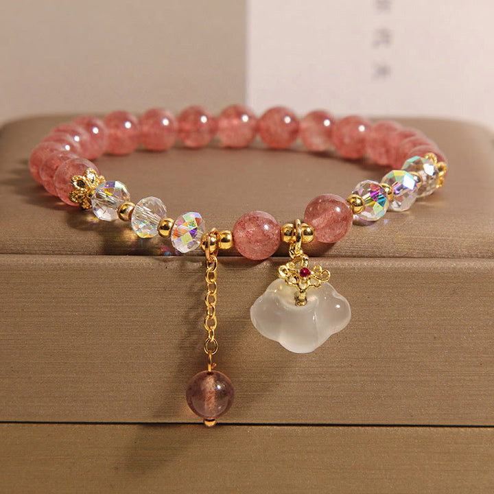 Bracelet positif en Buddha Stones , nuages de bon augure, quartz fraise, agate blanche et cristal blanc - Quartz fraise (tour de poignet : 16-18 cm) - image 1